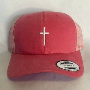 NEW Pink Hat with White Cross design, Adjustable, Baseball Cap, One Size,